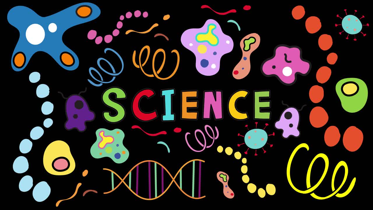 The word 'SCIENCE' animates onto a black background, gradually surrounded by vibrant hand-drawn biology symbols, including cells, DNA, and molecules, with smooth, playful transitions