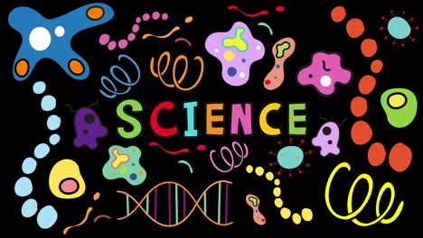 The word &#039;SCIENCE&#039; animates onto a black background, gradually surrounded by vibrant hand-drawn biology symbols, including cells, DNA, and molecules, with smooth, playful transitions