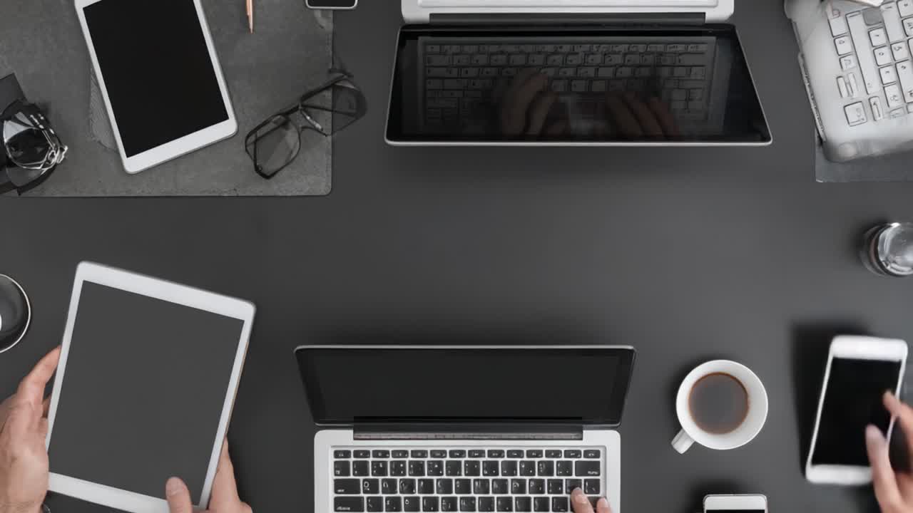 Luftfoto af en moderne arbejdsplads med laptops, tablets og mobile enheder blandt kontorartikler for øget produktivitet og digitalt engagement