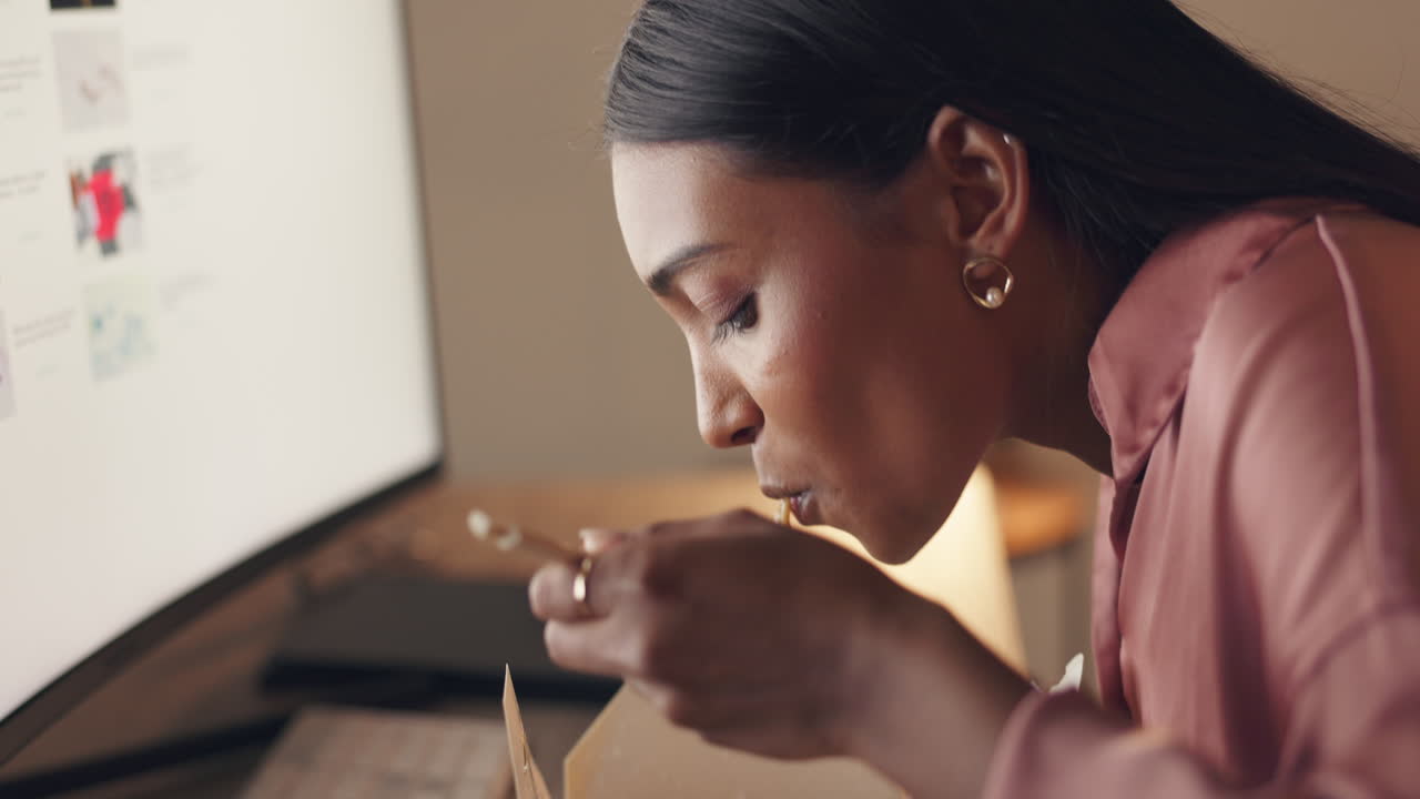 Business woman, computer and noodles fast food