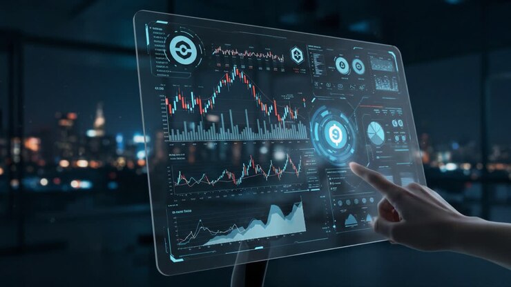 En bruker med et gjennomsiktig analytisk dashbord som viser finansdata og grafer i et moderne digitalt miljø om natten