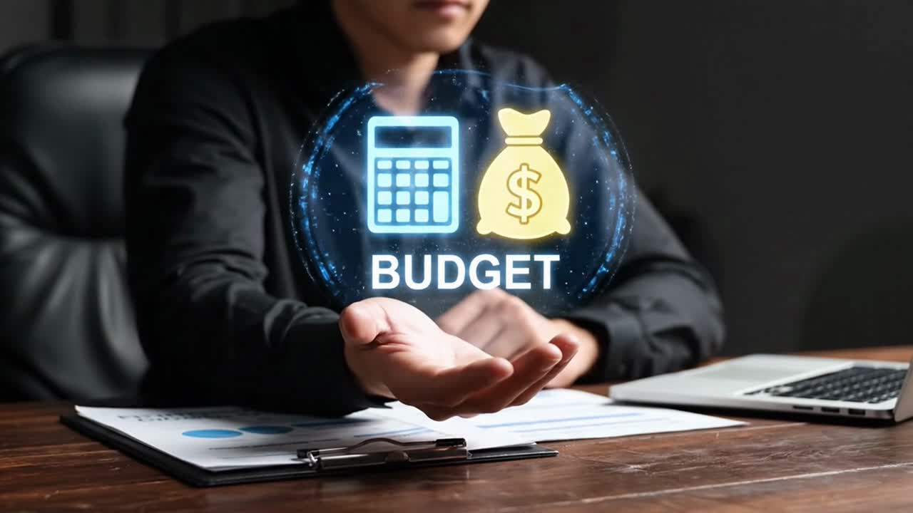 Affärsman håller virtuella ikoner för budget- och ekonomisk planering.