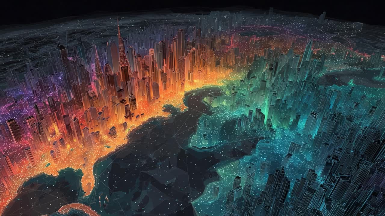 Abstract aerial view of a futuristic digital city with glowing skyscrapers and buildings, showcasing a colorful urban landscape divided by warm and cool tones against a dark background