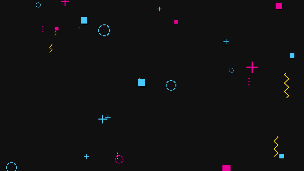 movimiento puntos geométricos abstractos cruces zigzag y cuadrados fondo negro de memphis