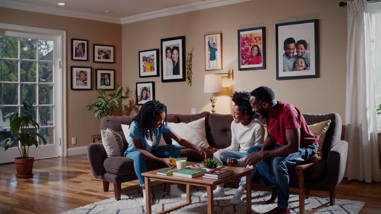 A cozy family living room scene with a warm ambiance. Shot from a wide angle, capturing a candid