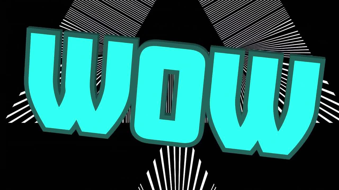 검은색 바탕에 날아다니는 삼각형 위에 파란색으로 표시된 와우 텍스트의 애니메이션