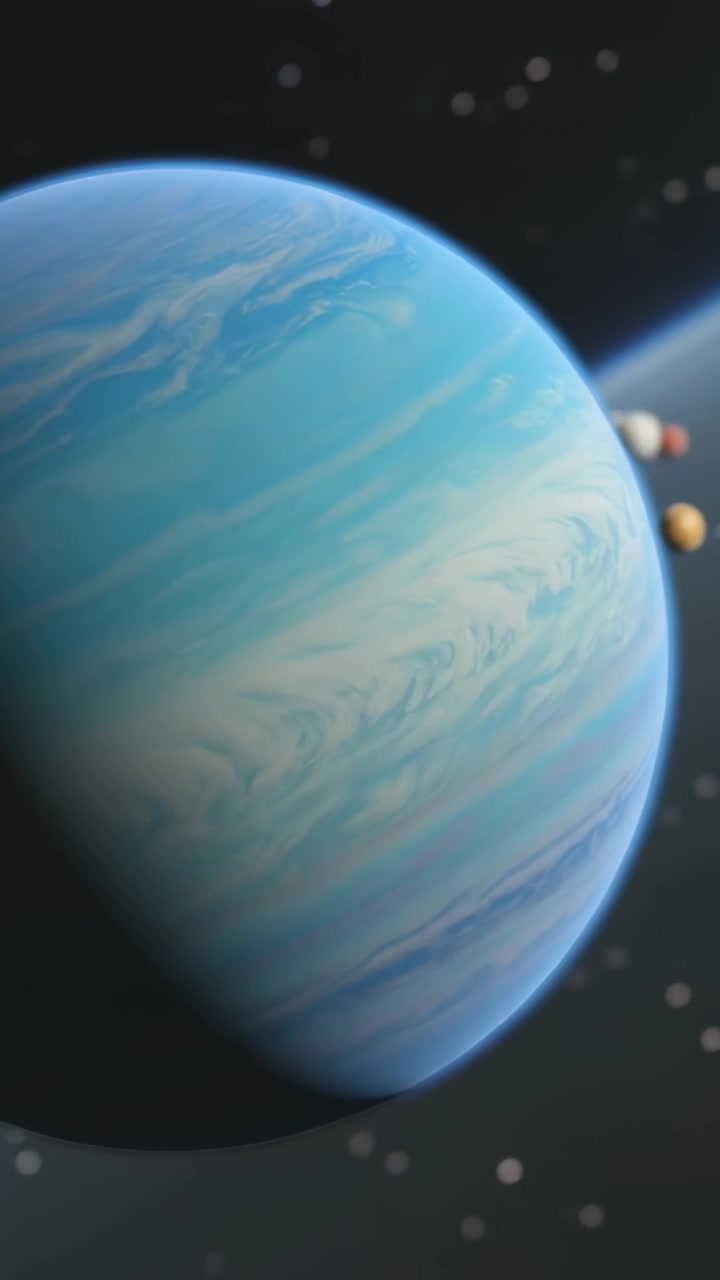 Video verticale: Piccole lune emergenti che si spostano da destra, orbitando attorno a un gigante gassoso con fasce nuvolose e un anello.