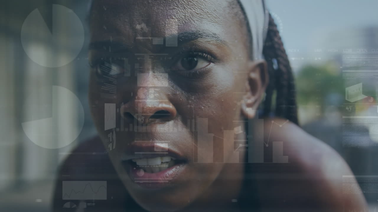 animación de datos, gráficos que se mueven contra corredora africana relajándose después de correr en el parque