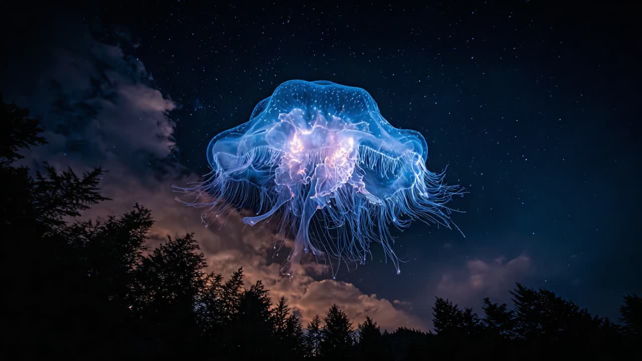 Maestose meduse che brillano enigmaticamente sotto un cielo notturno stellato, circondate da nuvole mistiche e una foresta in silhouette, creando un'atmosfera onirica ed eterea