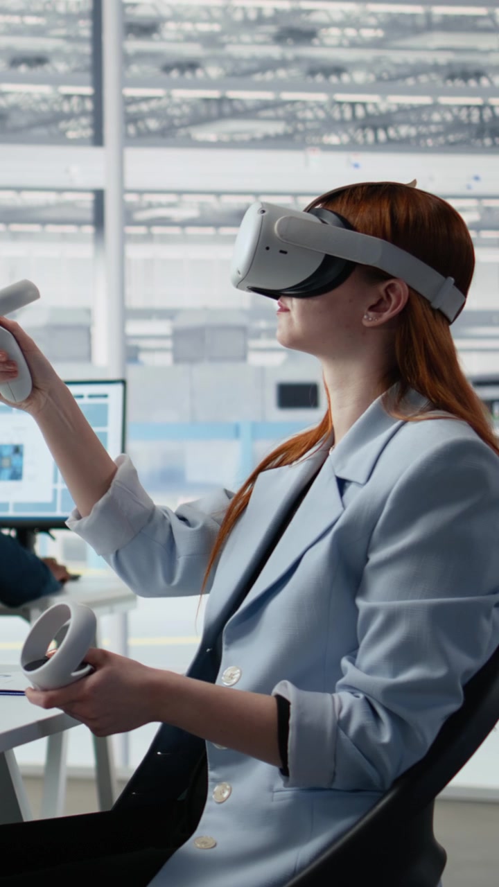 Vertical video Using VR glasses, microchip circuit layout and female engineer in RD office