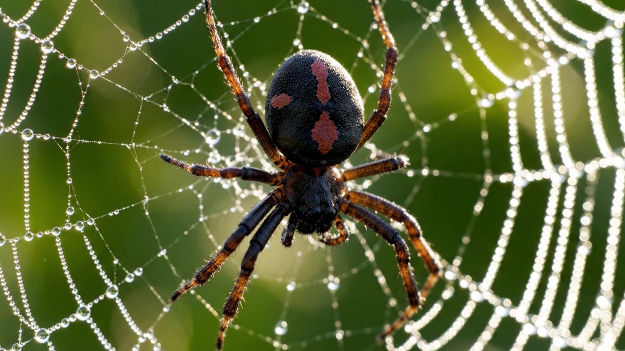 Et nærbilde av en fascinerende edderkopp som illustrerer naturens intrikate detaljer med duggvåte spindelvevstråder som formidler en følelse av rolig skjønnhet og kompleksitet.