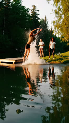 friends enjoying a summer day by jumping into a lake