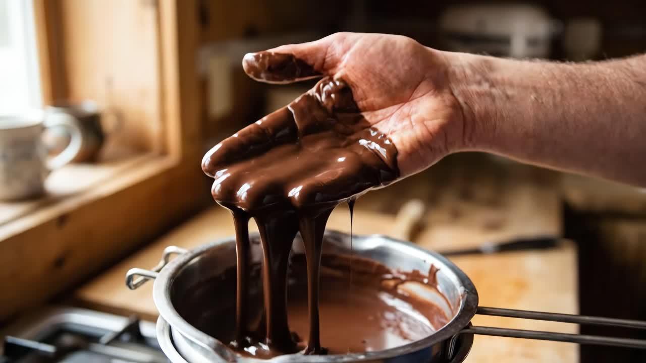 Mano che si immerge nel cioccolato fuso in cucina