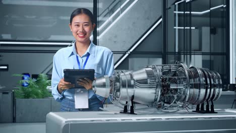 engineer examining a jet engine model in a modern laboratory.