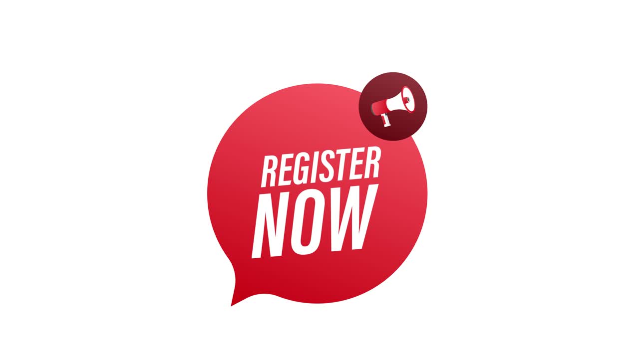 Megaphone label with register now. Megaphone banner. Web design. Motion graphics.