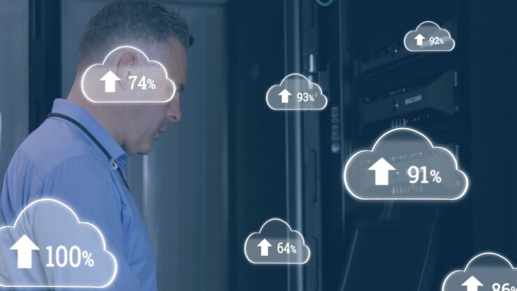 Animation of cloud icons with growing numbers over caucasian man in server room