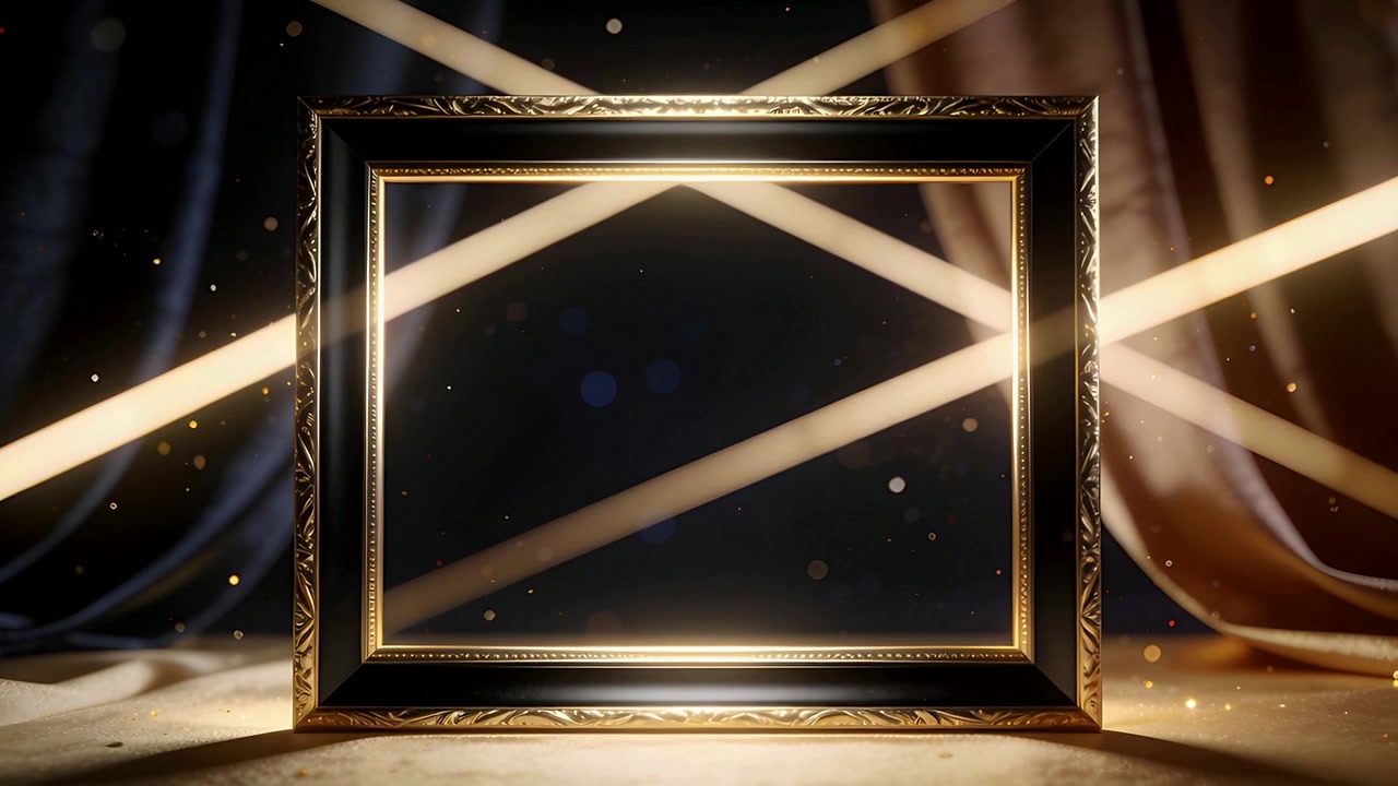 Raggi diagonali ampi che illuminano una cornice dorata e ornata su un tavolo da studio, facendo brillare le particelle