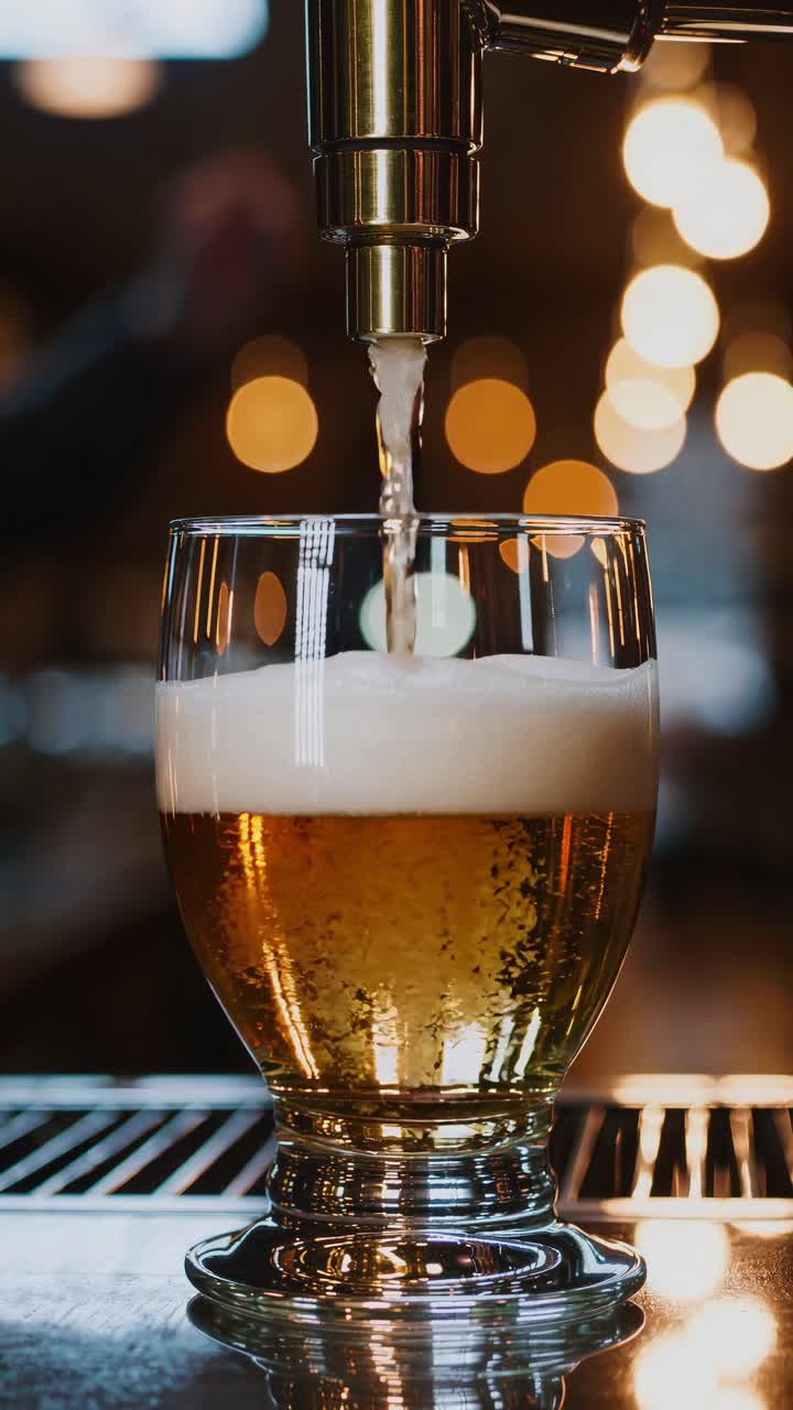 Primo piano, ripresa ad altezza occhi di birra versata in un bicchiere, catturando la schiuma e le bollicine