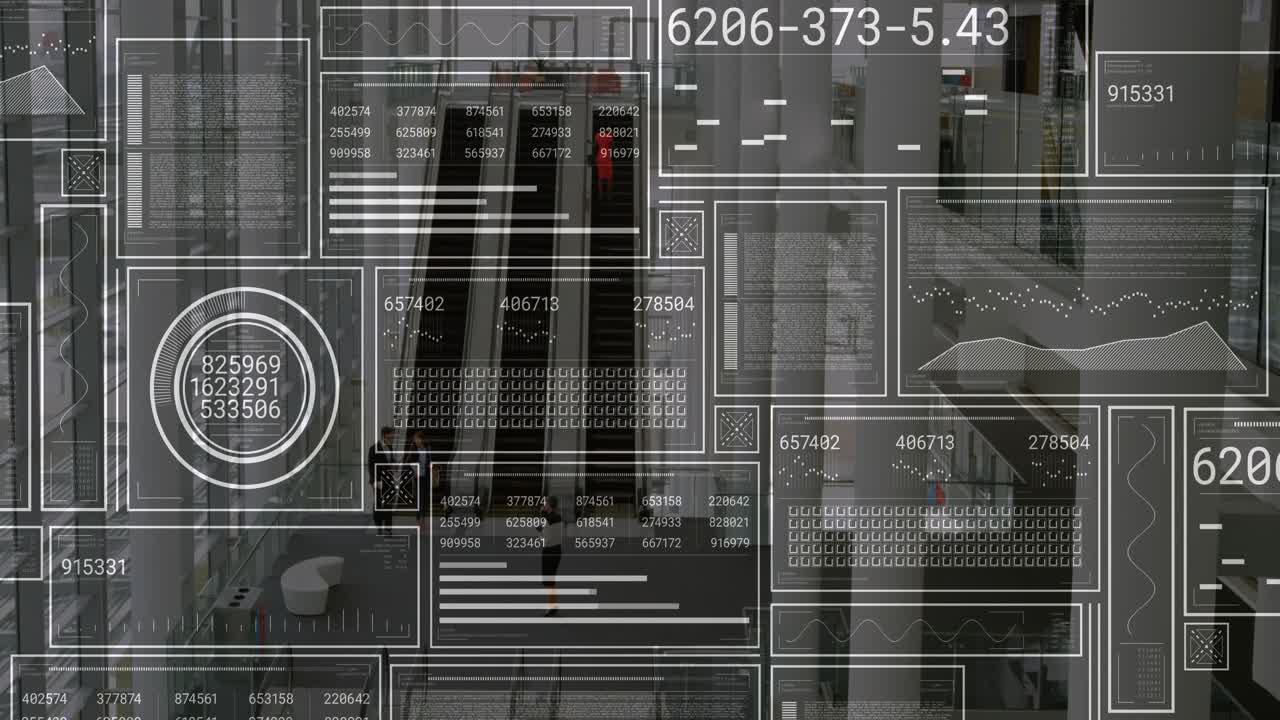 Person in red coat boarding and ascending center escalator while HUD overlay updating data for tech