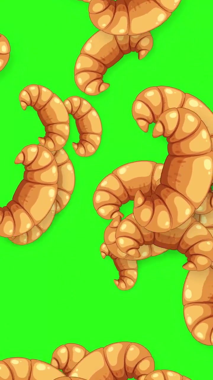 Croissant a cartone animato cadono e rotolano continuamente su uno sfondo verde brillante in orientamento verticale