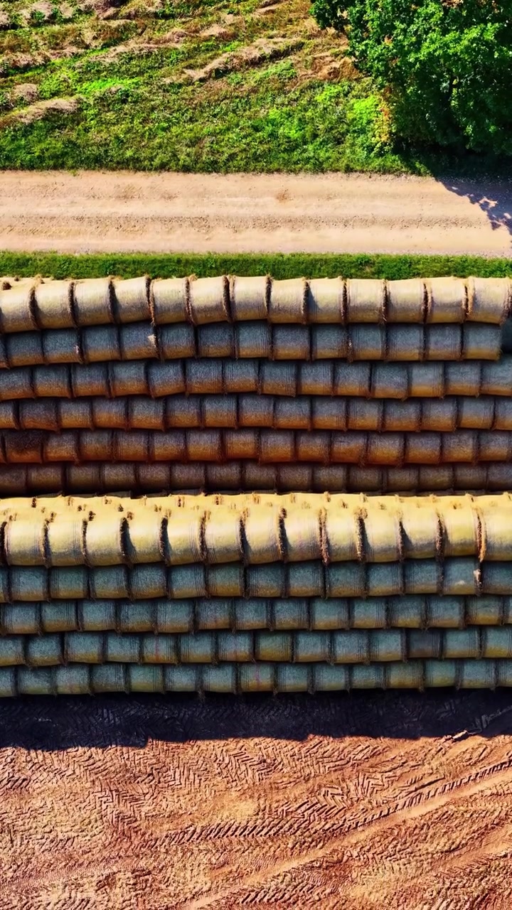 Vertical aerial view of stacked wrapped silage bales at a rural agricultural facility in Latvia. Farming infrastructure supporting livestock feed production, storage and food supply