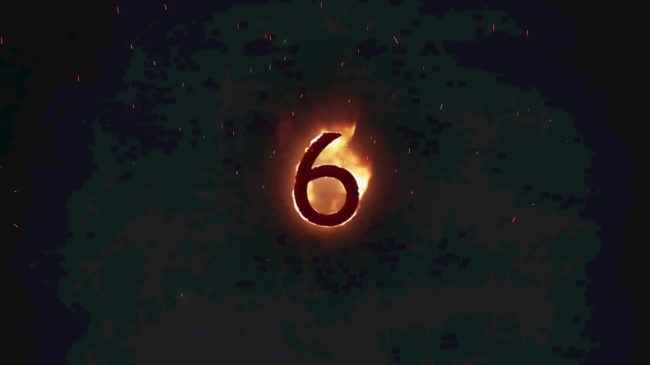 Animazione del testo "6" in fiamme su sfondo scuro