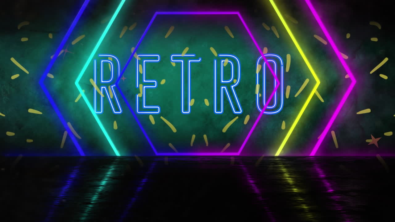 녹색 바탕에 네온 육각형으로 네온 반이는 레트로 텍스트의 애니메이션