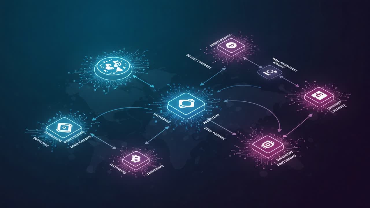 An intricate design representing interconnected digital systems, showcasing a variety of technological elements including data management, communication, and cryptocurrency exchange