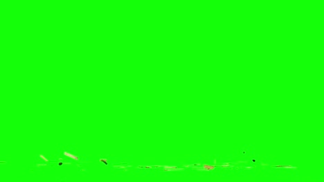 Exploding-pieces-of-wood-and-rocks,-appearing-from-center-of-the-screen-and-scattering-on-imaginary-flat-surface,-green-screen-background,-animation-overlay-for-chroma-key-blending-option