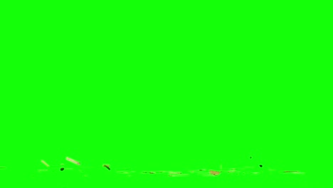 exploding pieces of wood and rocks, appearing from center of the screen and scattering on imaginary flat surface, green screen background, animation overlay for chroma key blending option