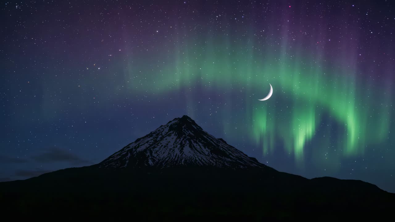Solar storm driving aurora sweeping over snowy volcanic peak at polar sky, crescent moon visible