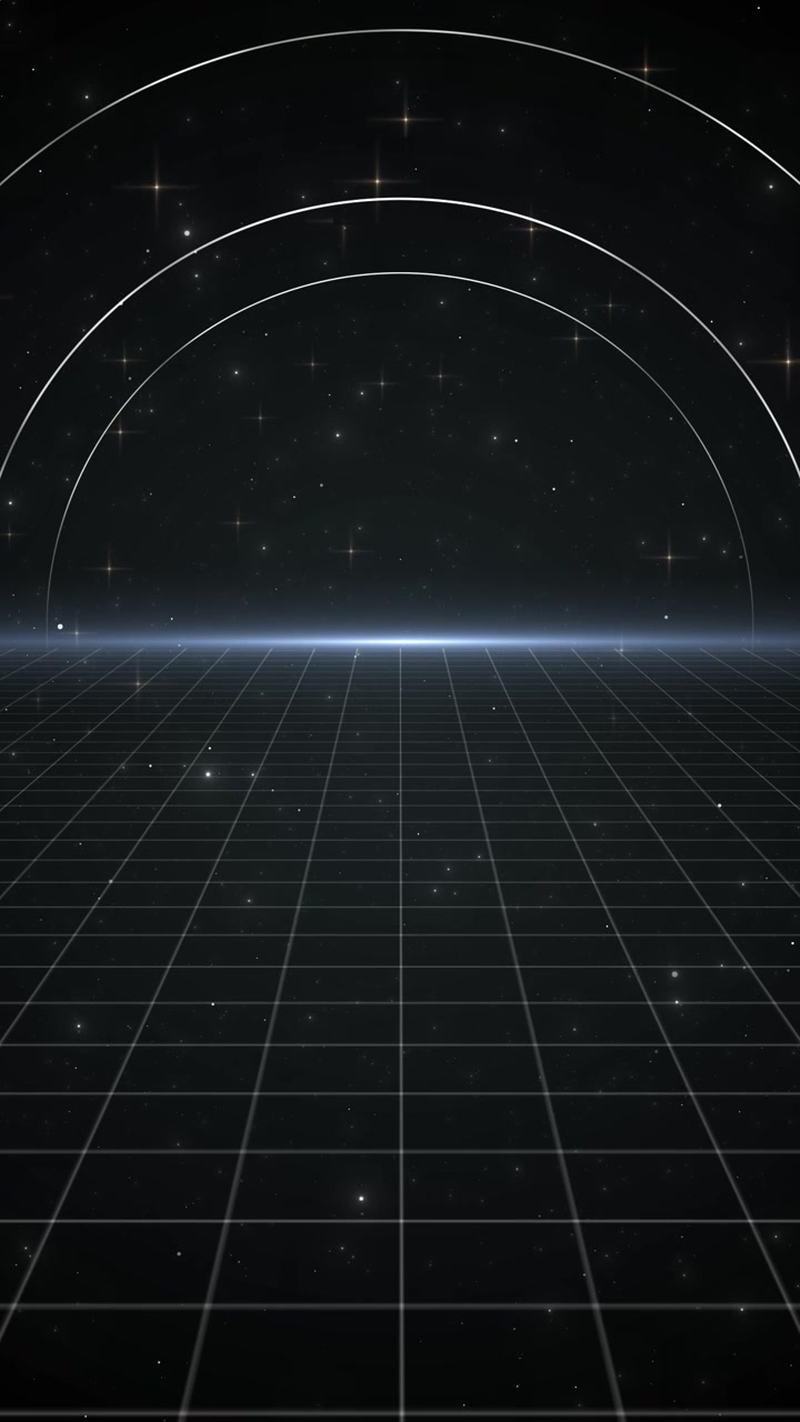 Futuristic grid space scene dark floor perspective glowing horizon white circular arcs and starry