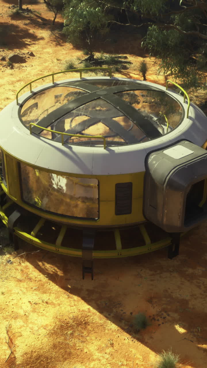 Unique circular dwelling surrounded by desert landscape in bright sunlight