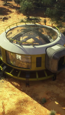 unique circular dwelling surrounded by desert landscape in bright sunlight