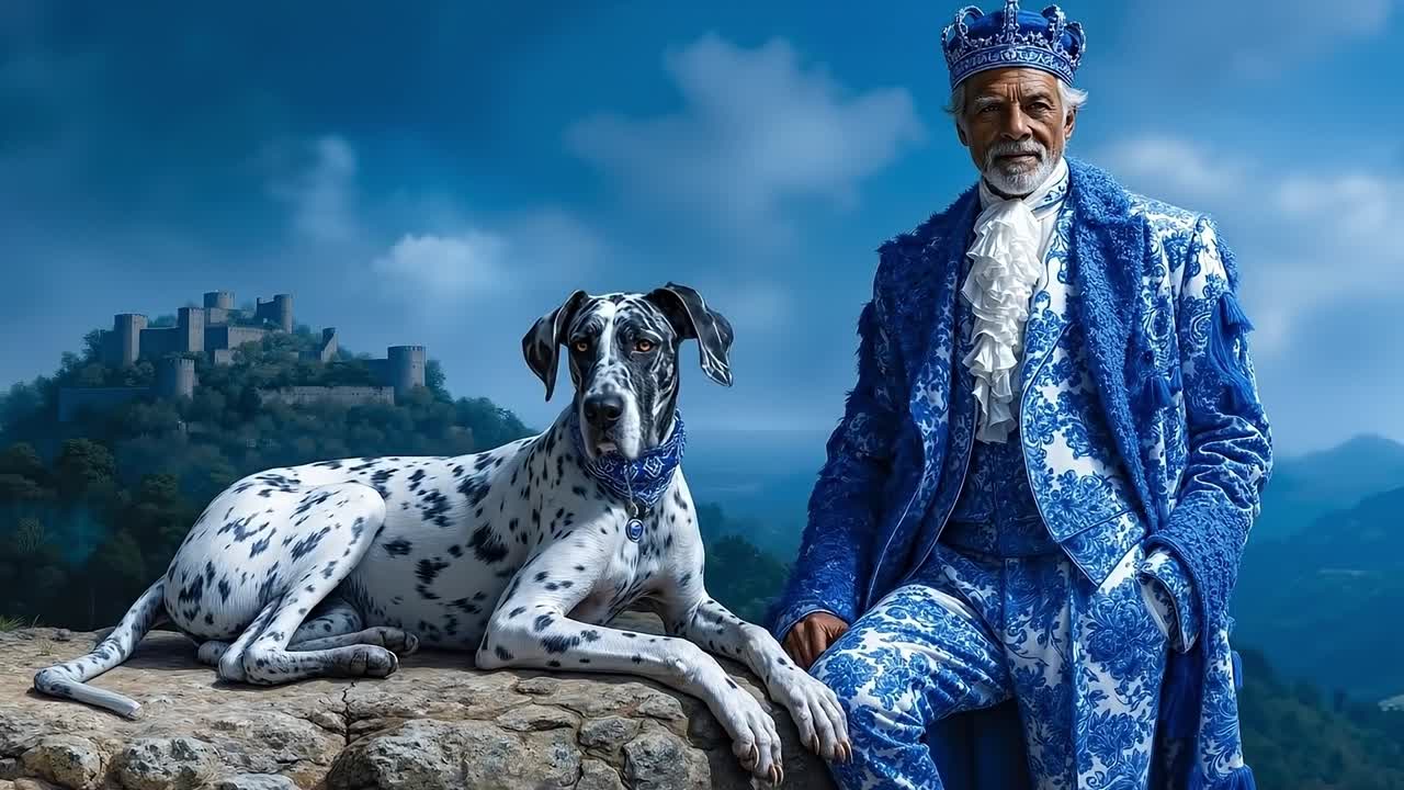 A man in a blue and white suit sitting next to a large dog