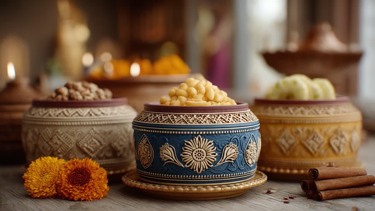 Exquisite Traditional Indian Sweets Displayed in Ornate Bowls, Surrounded by Festive Decorations and Warm Lighting, Celebrating Culinary Artistry and Cultural Heritage