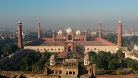 badshahi mosque - iconic mosque in lahore, pakistan - aerial drone shot