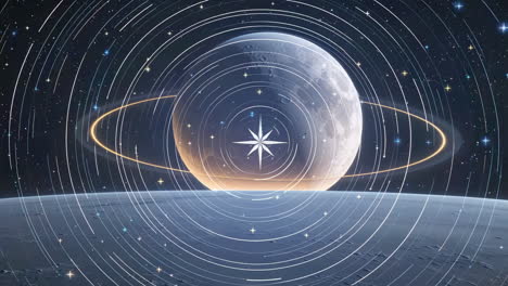 celestial compass rose over a ringed moon and planet