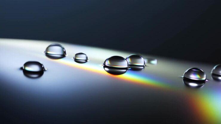 Goccioline trasparenti rimangono immobili su materiale nero riflettente mentre la composizione si sposta lateralmente, muovendo il fuoco tra i grappoli di perline mentre la luce spettrale crea riflessi colorati
