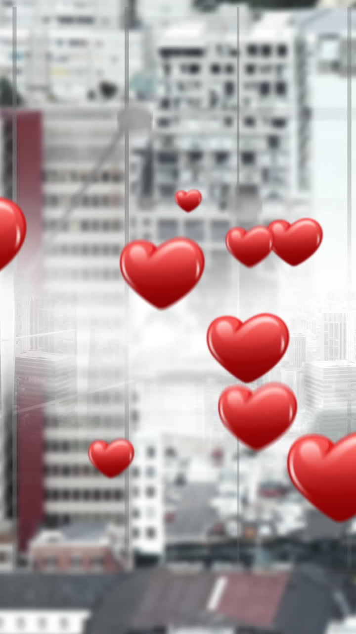 город с летающими символами сердец 4k