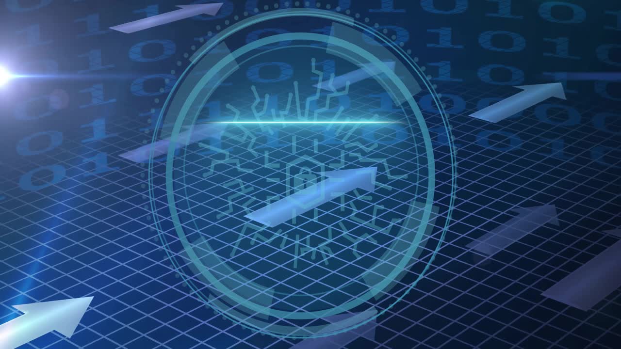Animation of padlock icon and security scanner over arrows and processing data