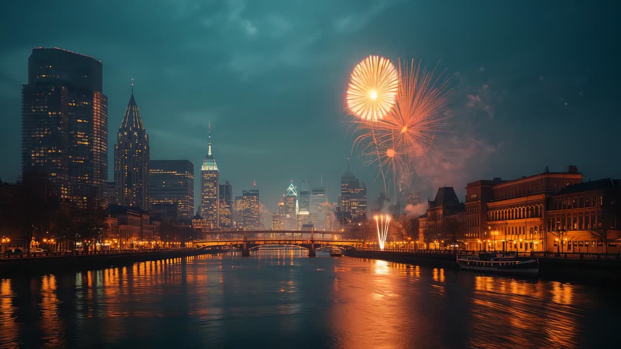 Rockets igniting on riverbank, jets erupting under lit bridge, fireworks lighting sky, copy space
