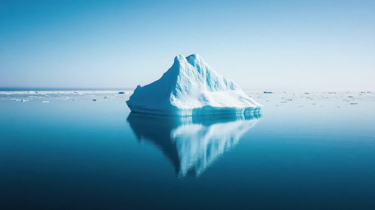 A serene video scene of a lone iceberg in calm waters, captured from a low-angle perspective