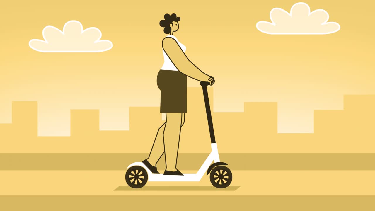 Personaggio femminile piatto in stile giallo che guida uno scooter elettrico. Animazione in loop isolata con canale alfa.