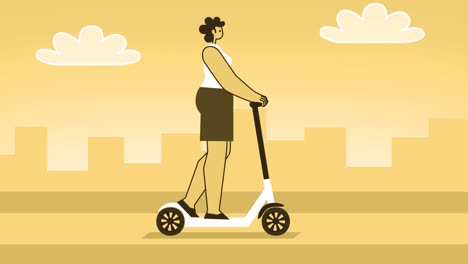 yellow style woman flat character riding an electric scooter.  isolated loop animation with alpha channel