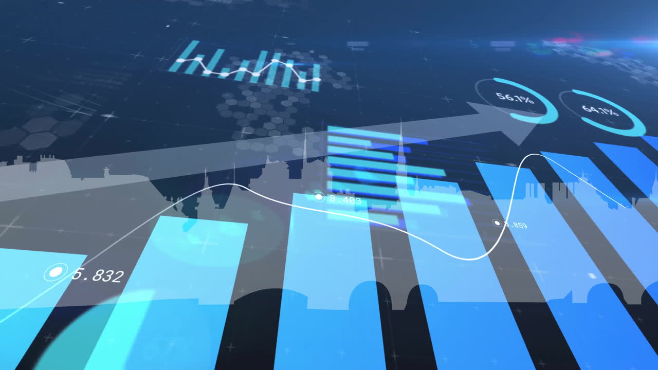 Financial data analysis animation over city skyline with bar and line graphs