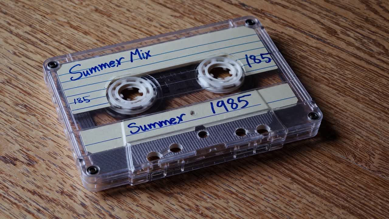 Vintage cassette tape labeled 'Summer 1985' on a wooden surface, captured from a top-down angle