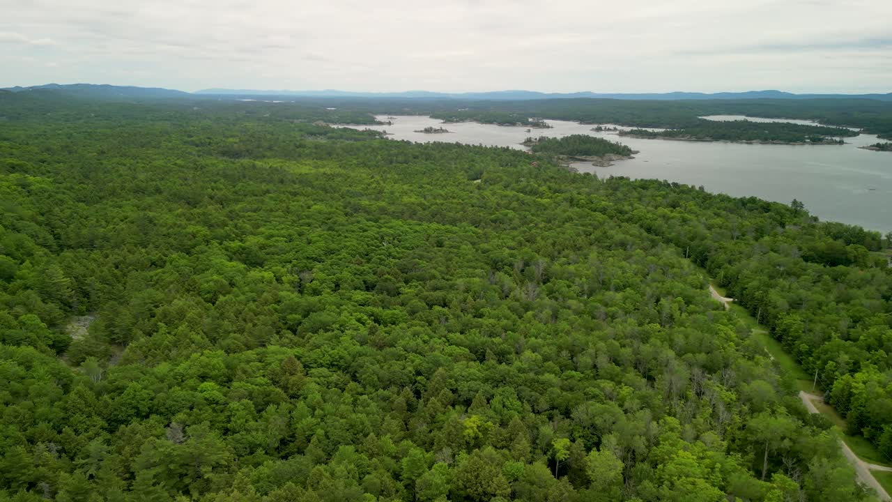 캐나다 온타리오 주 화이트피쉬 폭포에 있는 마니톨린 섬의 허론 호수와 숲 드론