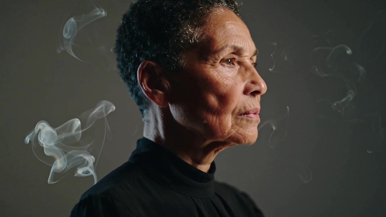 Turning senior woman reacting to white smoke, shifting to right profile at studio