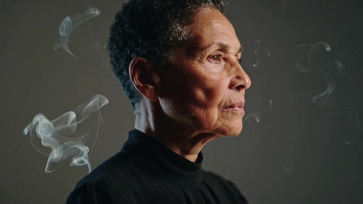 Turning senior woman reacting to white smoke, shifting to right profile at studio